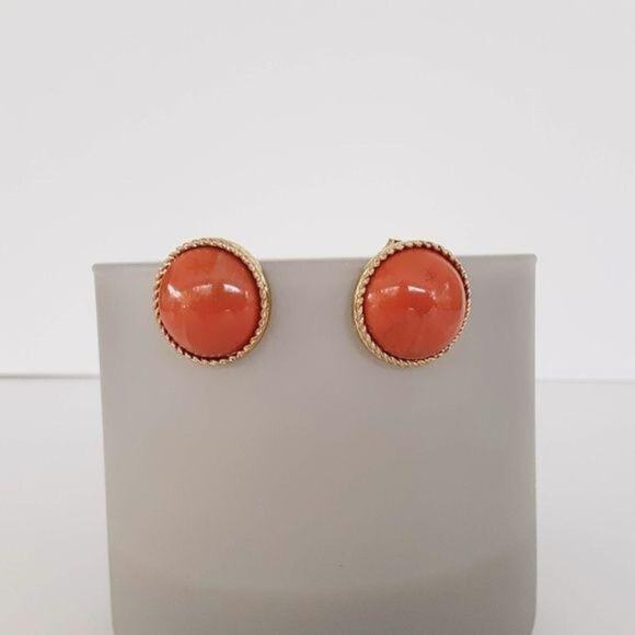 Earrings Button Stud Gold Tone Orange Vintage Look New in Package Clean smoke fr - Picture 2 of 8